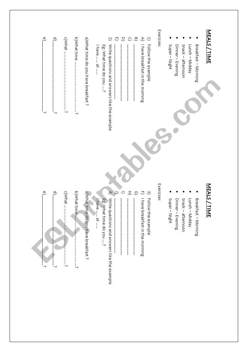 Meals and time worksheet