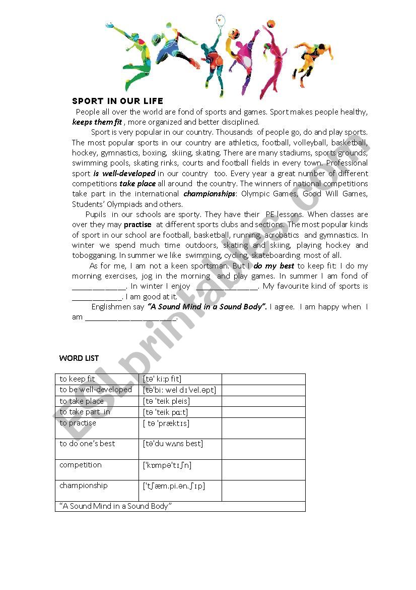 SPORT IN OUR LOIFE worksheet