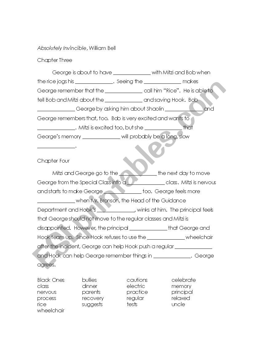 Absolutely Invincible Chapters Three and Four Cloze Activity