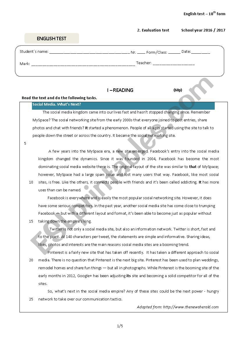 10th form test on social networks