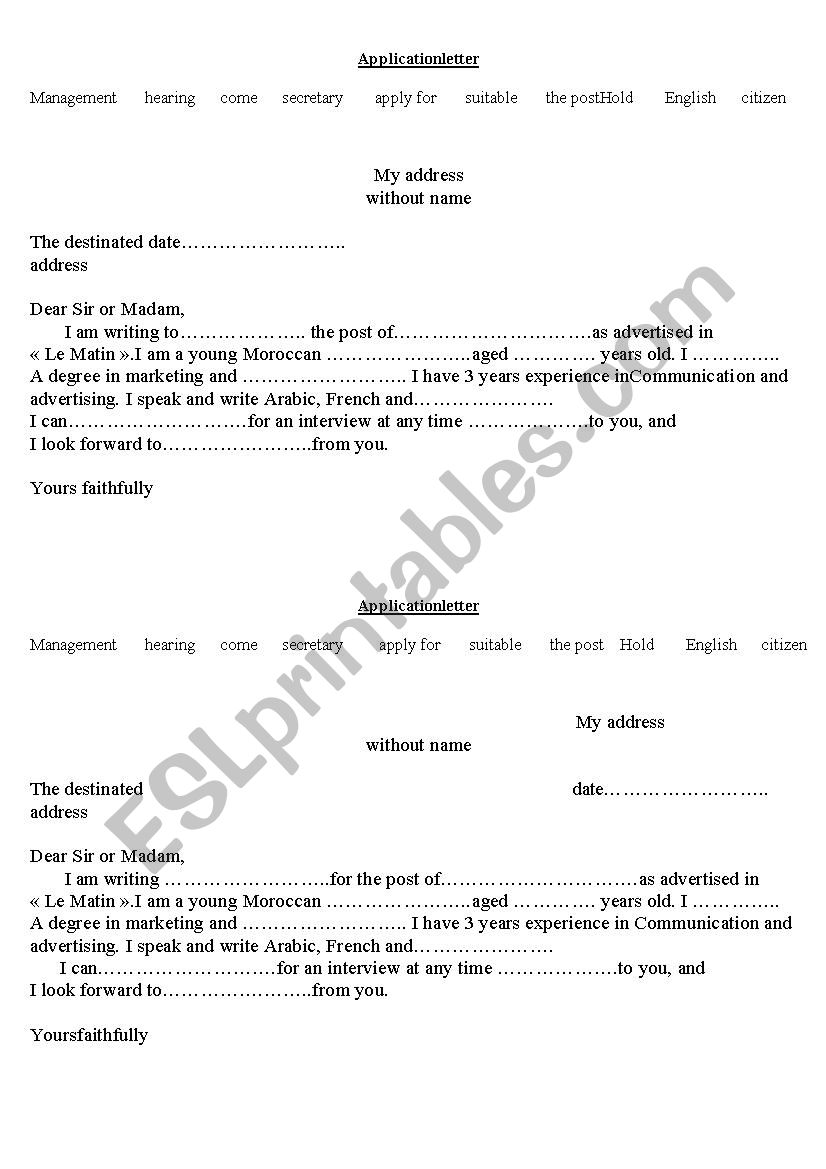 application letter worksheet