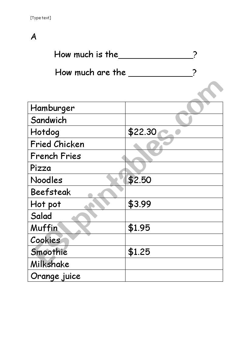 Food Menu worksheet