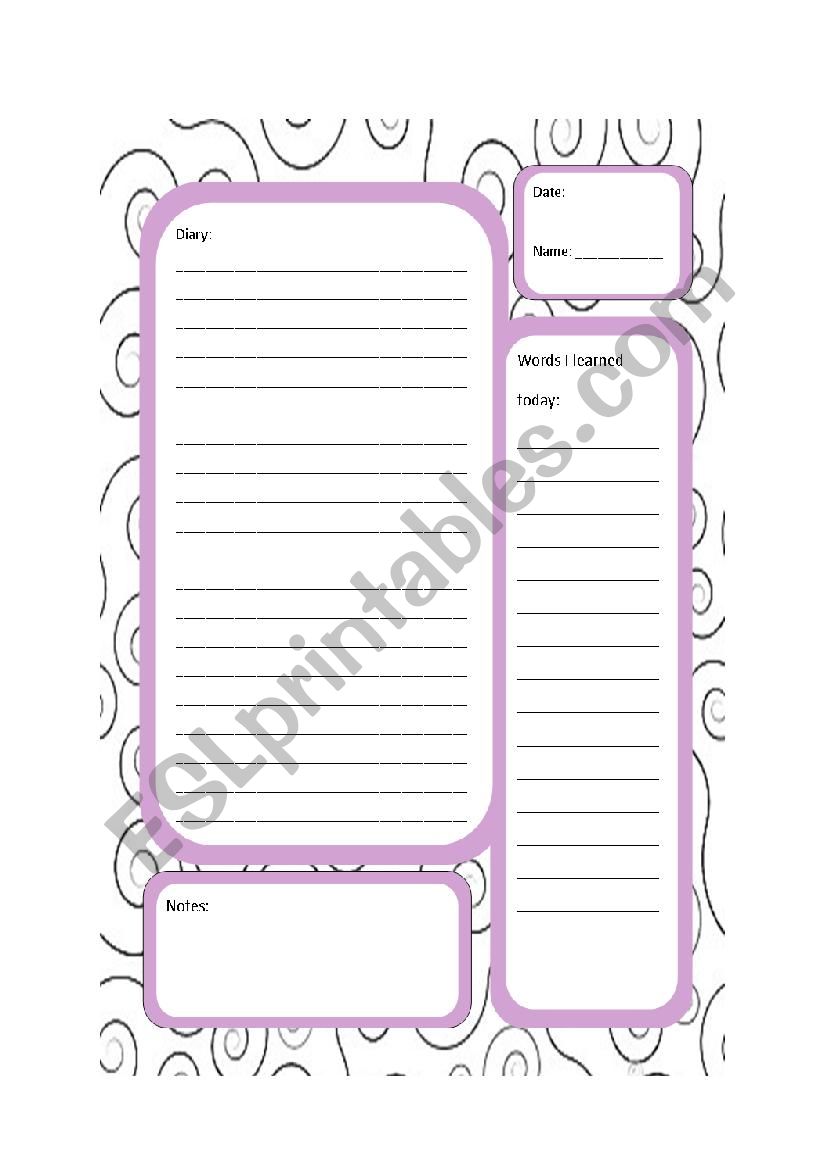 Daily Diary writing page worksheet