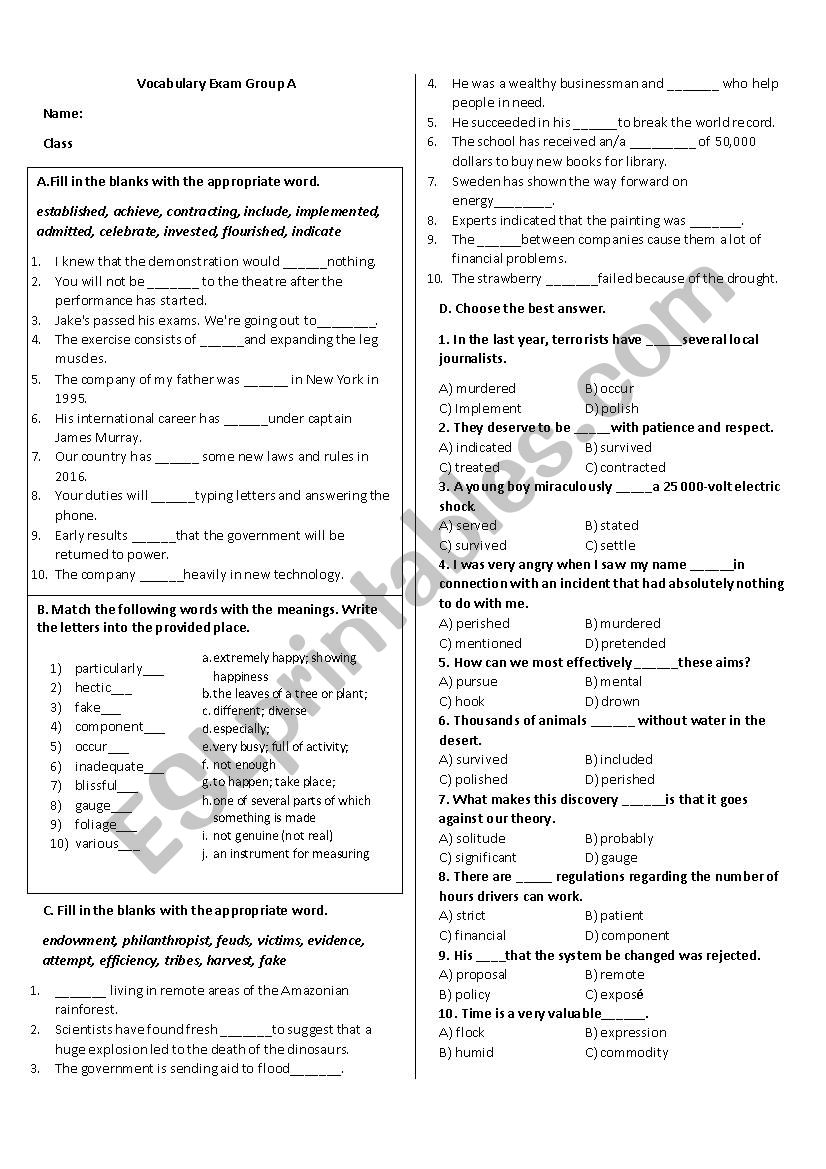 Vocabulary Test worksheet