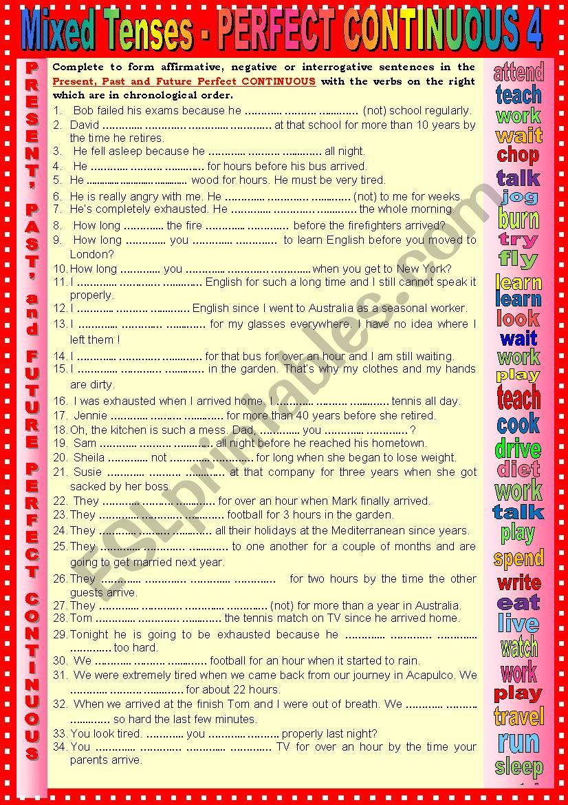 Mixed tenses Present, Past and Future PERFECT CONTINUOUS 4 + KEY