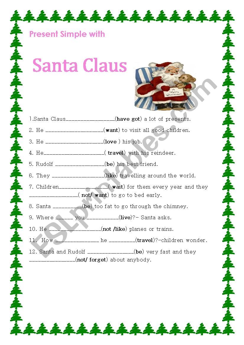 Present Simple with santa worksheet