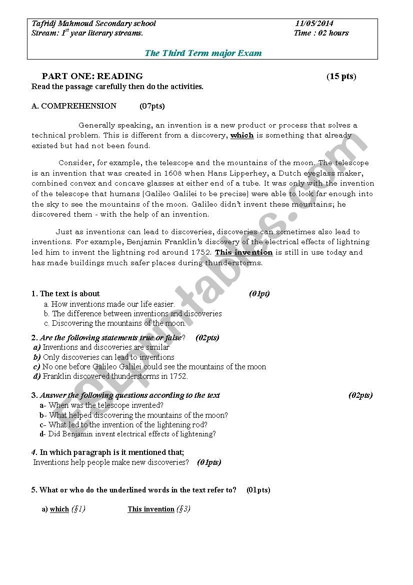 1as exam worksheet