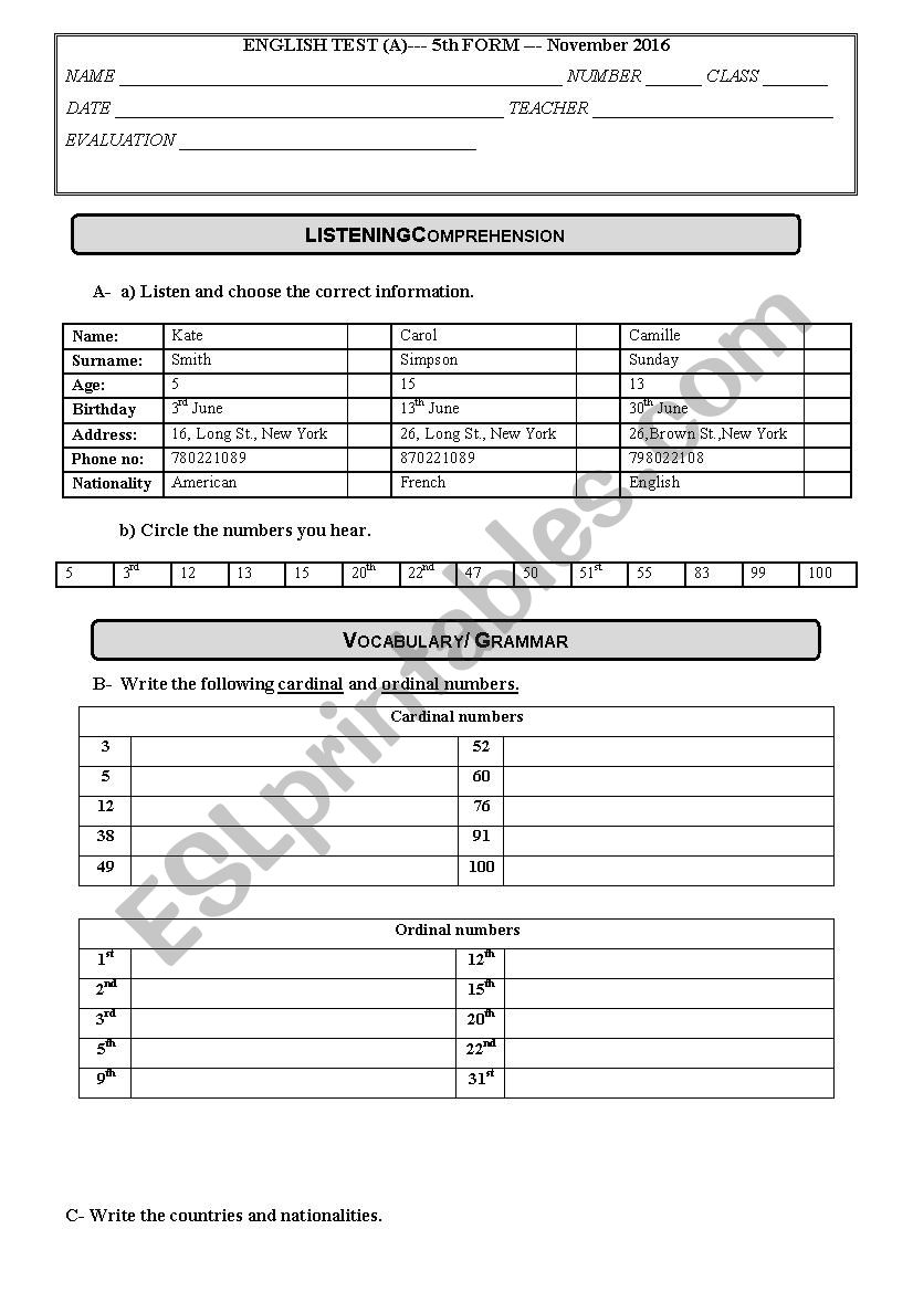 Personal Identification worksheet