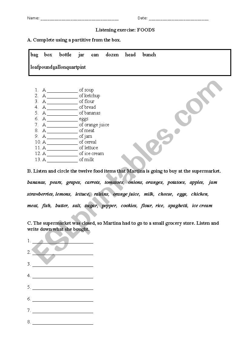 Listening - food vocabulary and partitives