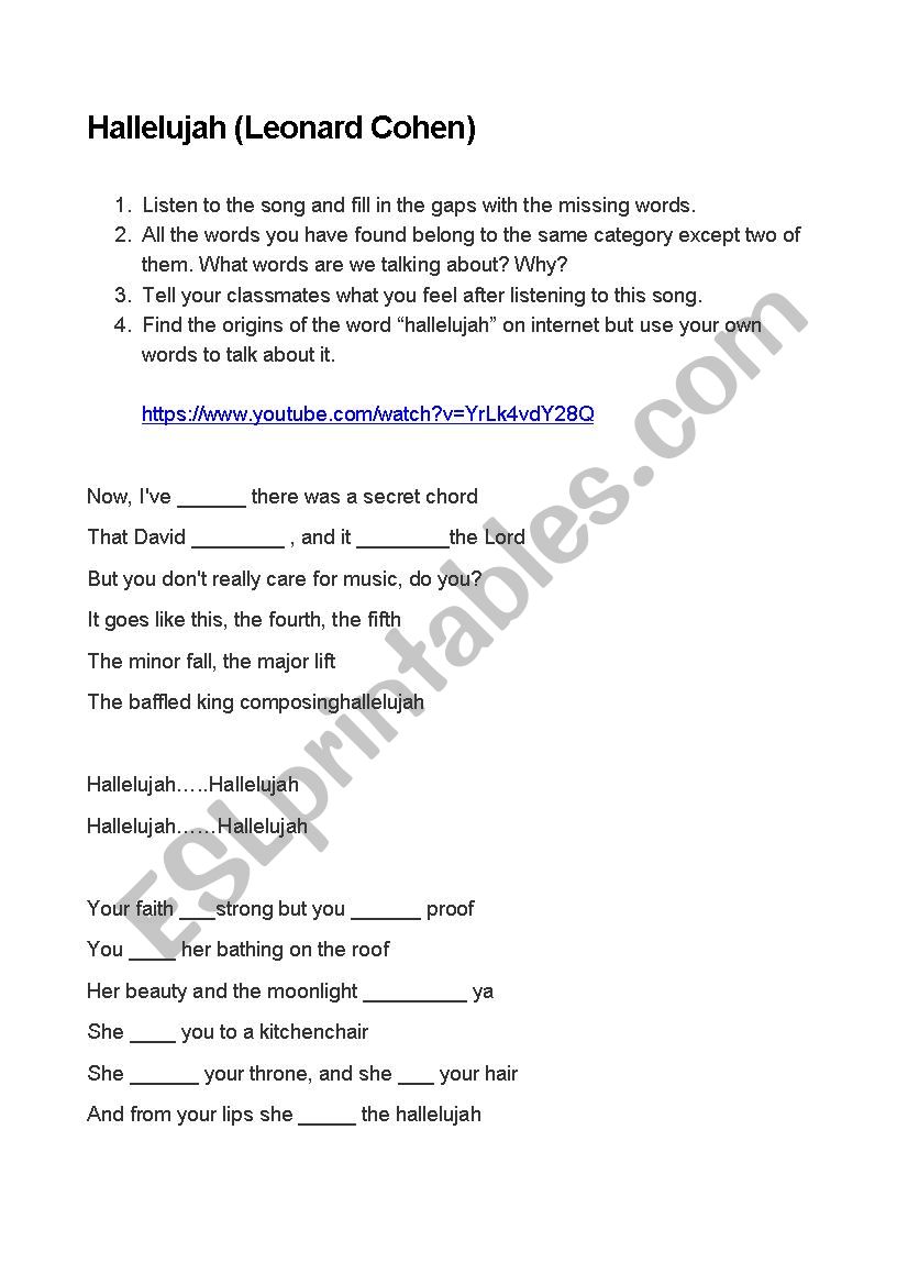 Hallelujah  worksheet