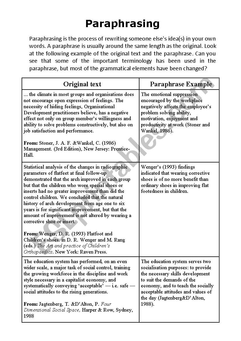 quoting and paraphrasing worksheet