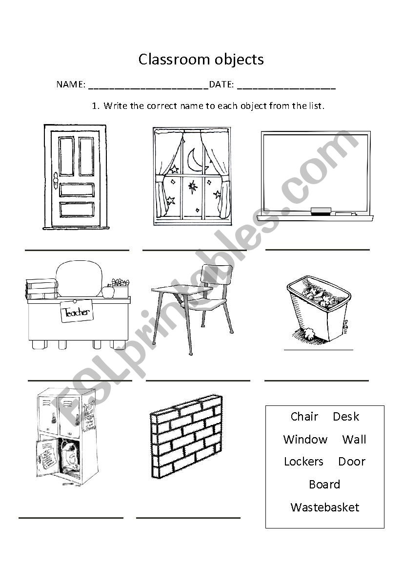 Classroom Objects worksheet