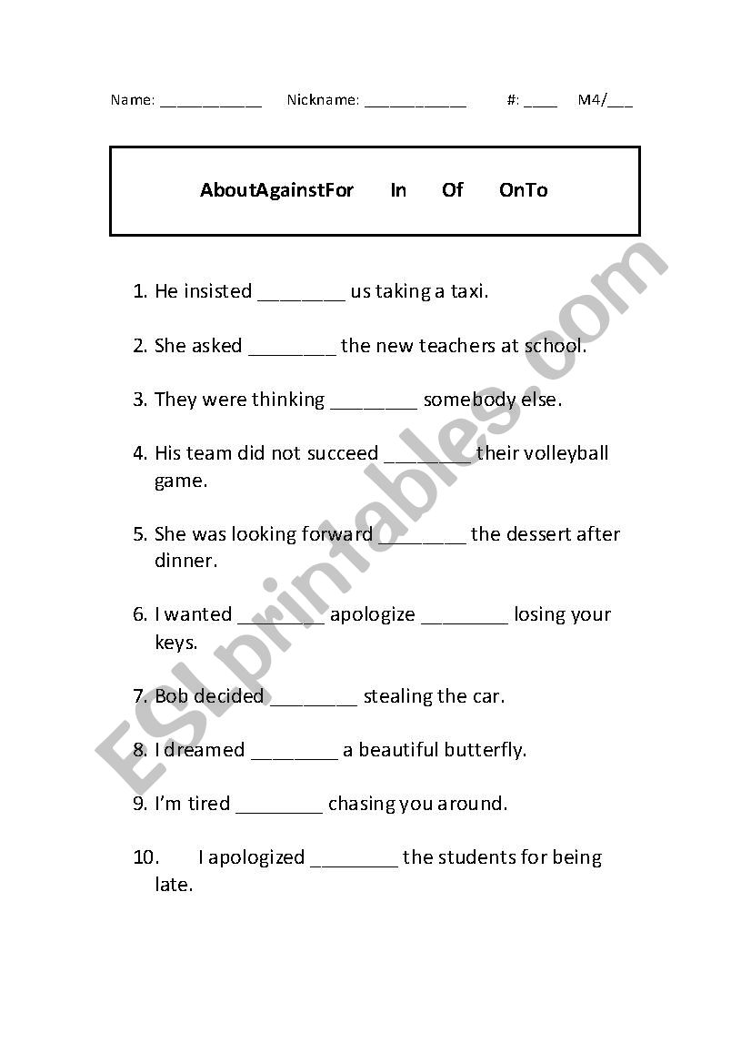 Verbs That Follow Preposition worksheet