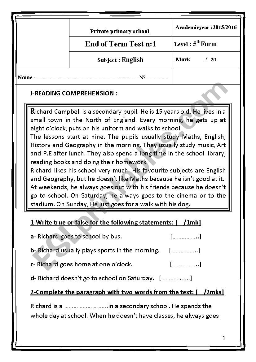 5th form exam (Tunisian program)