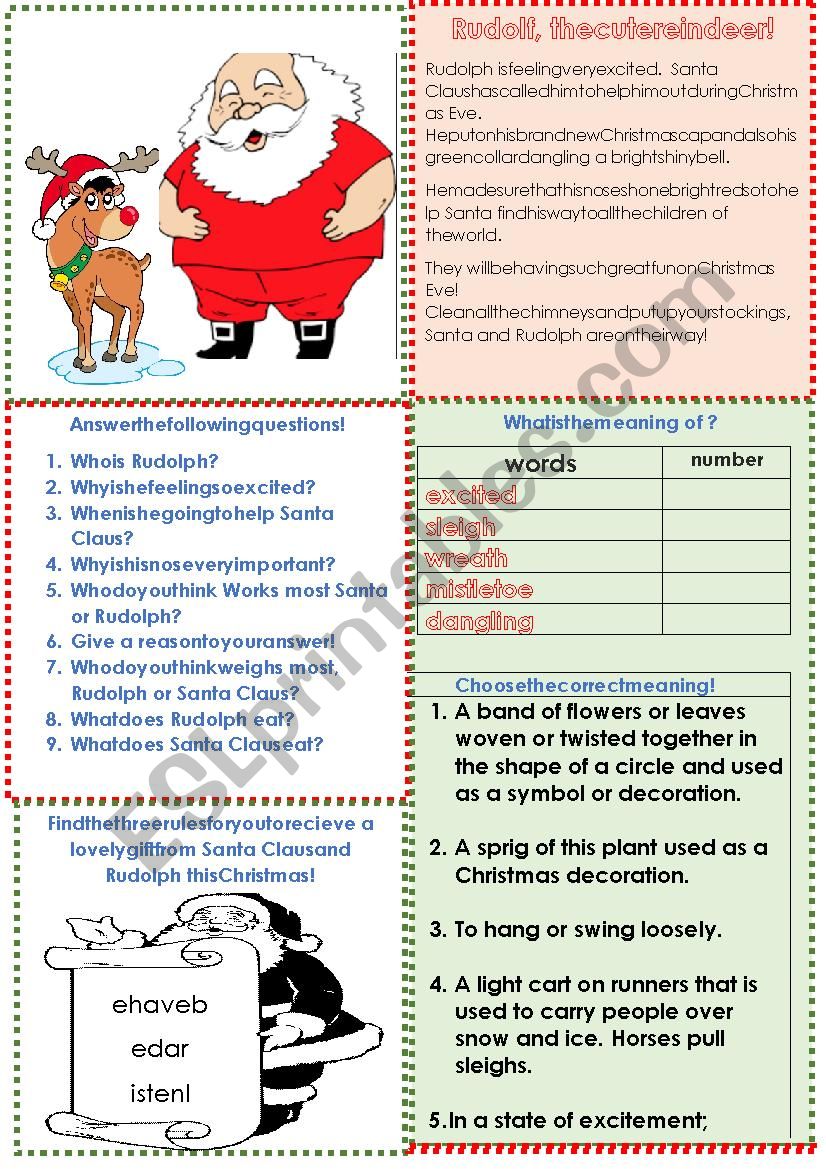 Rudolph the cute reindeer worksheet