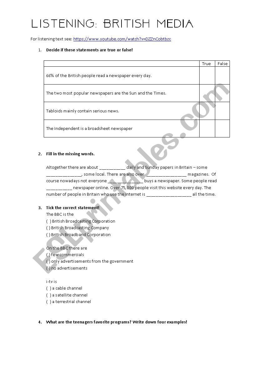 Listening British Media worksheet