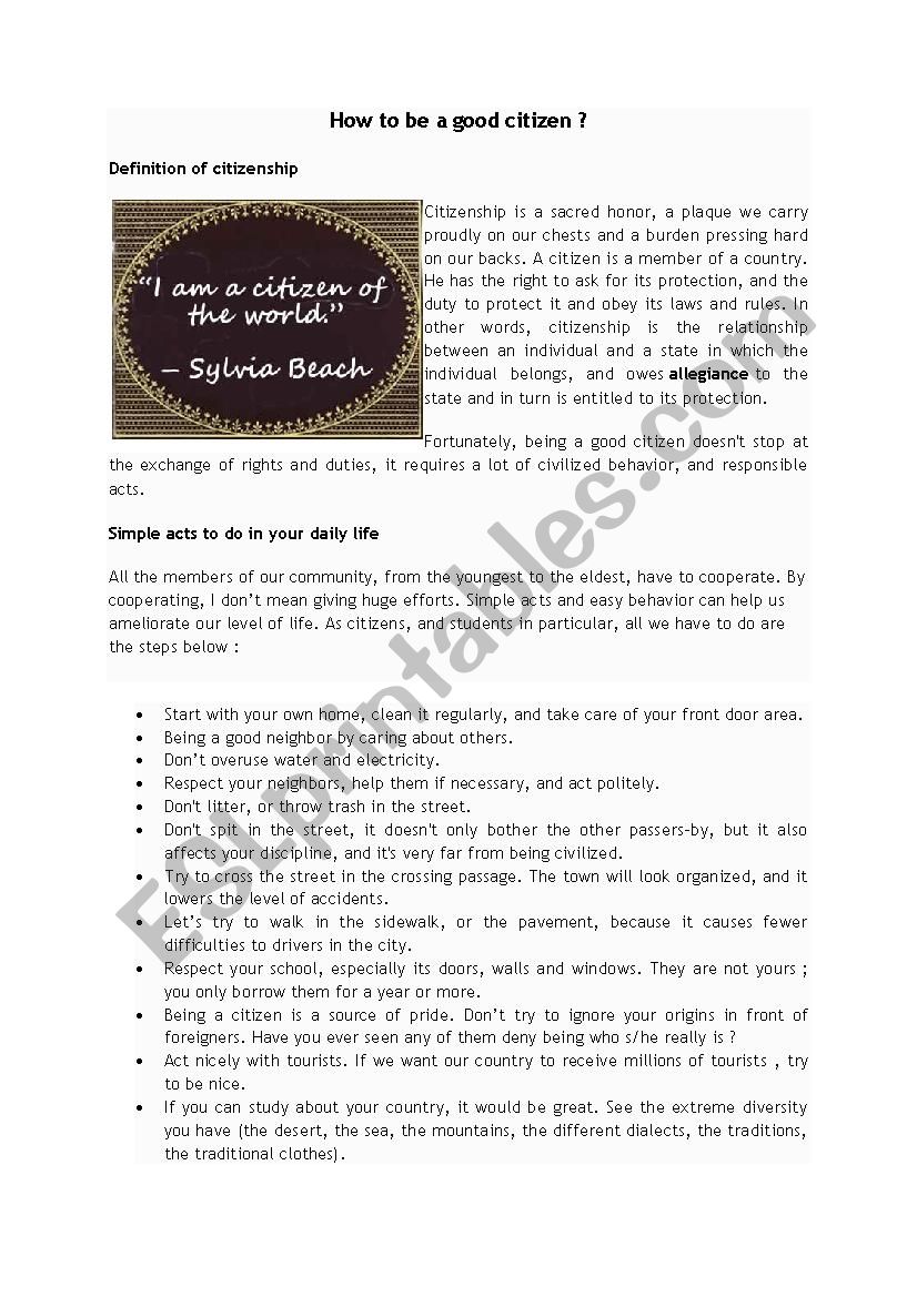 How to be a good citizen? worksheet