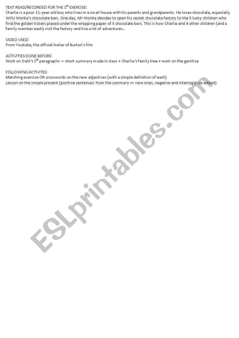 Charlie And The Chocolate Factory Worksheet Story And Main Characters Esl Worksheet By Clabat