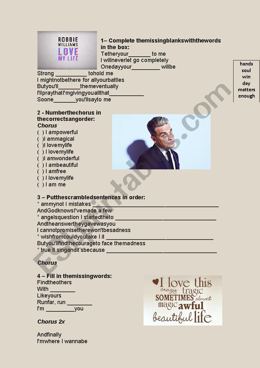 Song Robbie Williams I Love My Life Esl Worksheet By Tormem