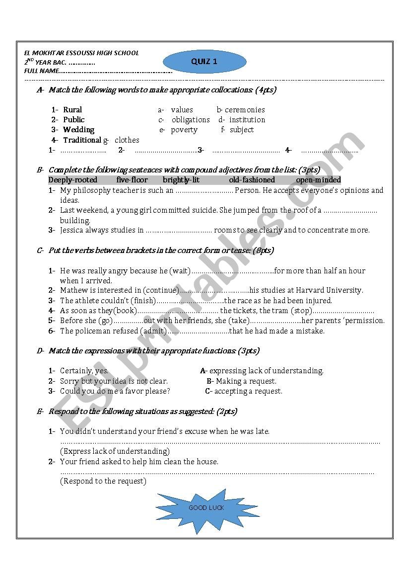 Quiz for 2nd year bac Gateway 2