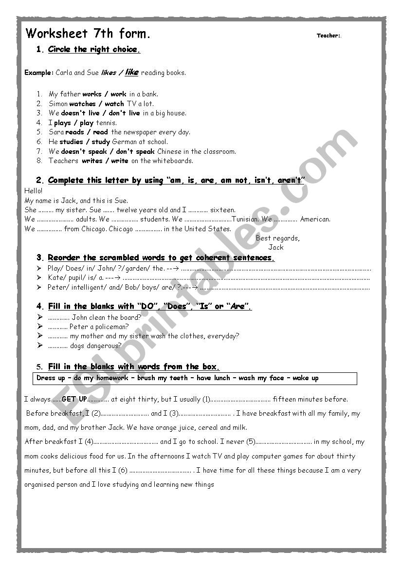 7th FORM worksheet simple present to be & ordinary verbs