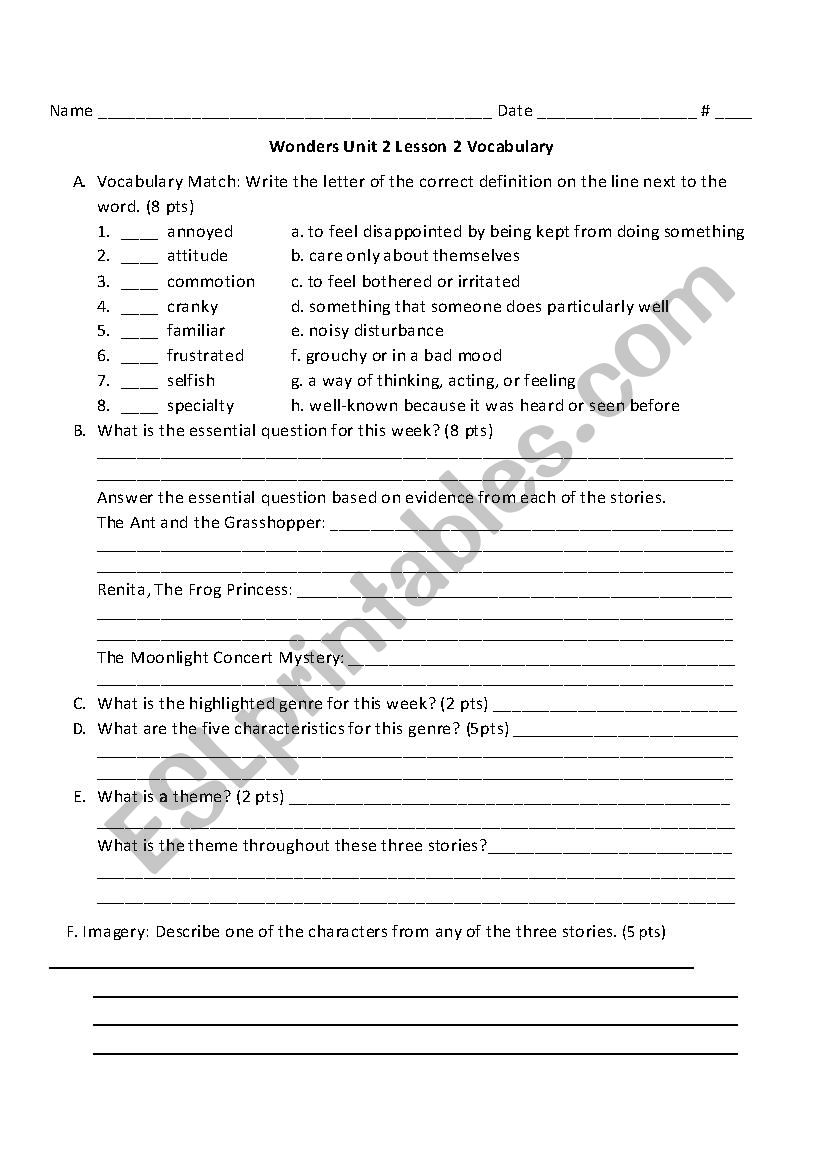 Wonders worksheet