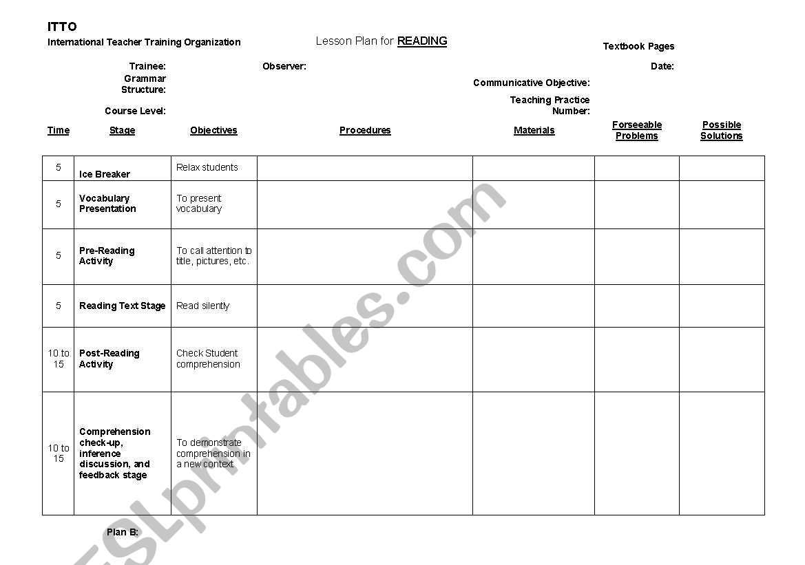 Reading lesson plan worksheet