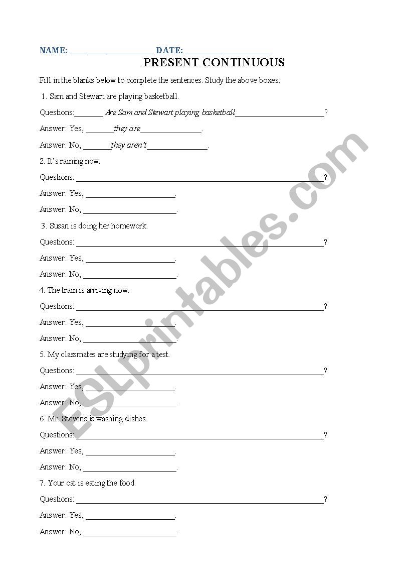 Present continuous worksheet