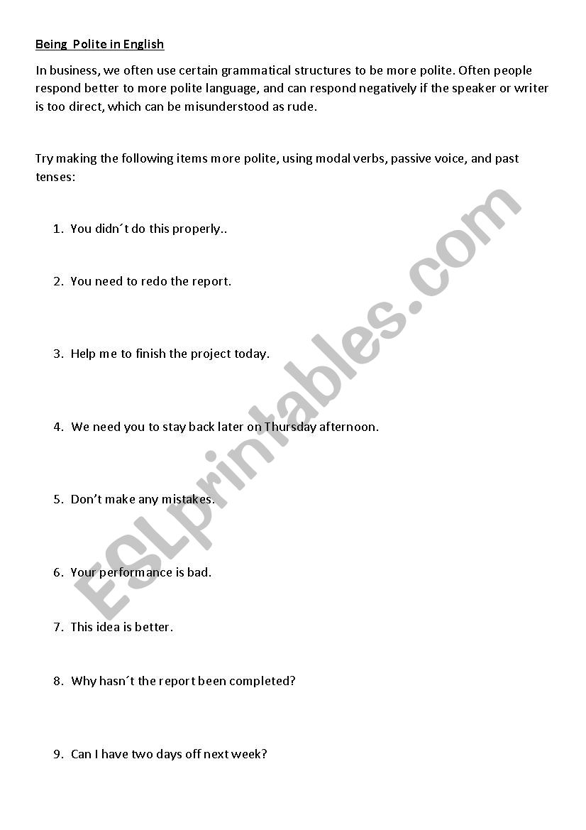 Being Polite in English for Business Worksheet