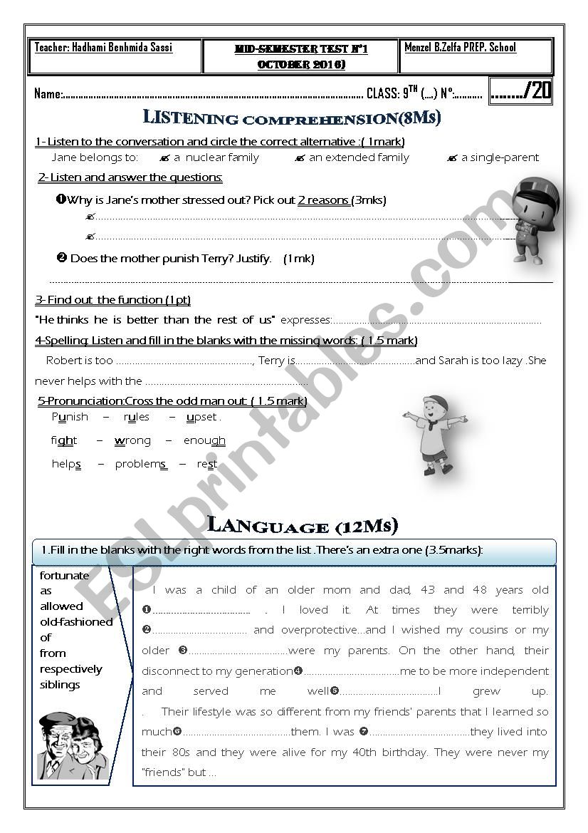 MID SEMESTER TEST 9TH FORM worksheet