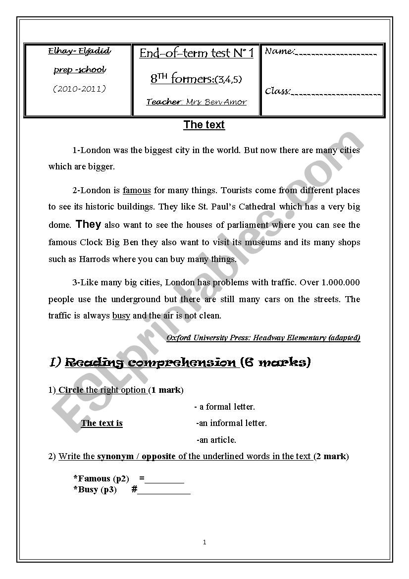 8th form End-Of-Term test worksheet