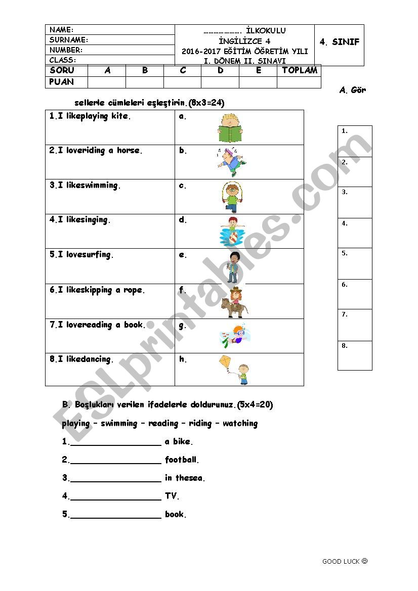 4th grade exam worksheet