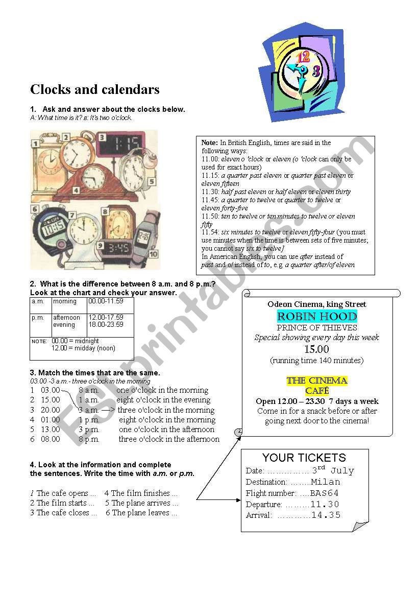 clocks and calendars worksheet