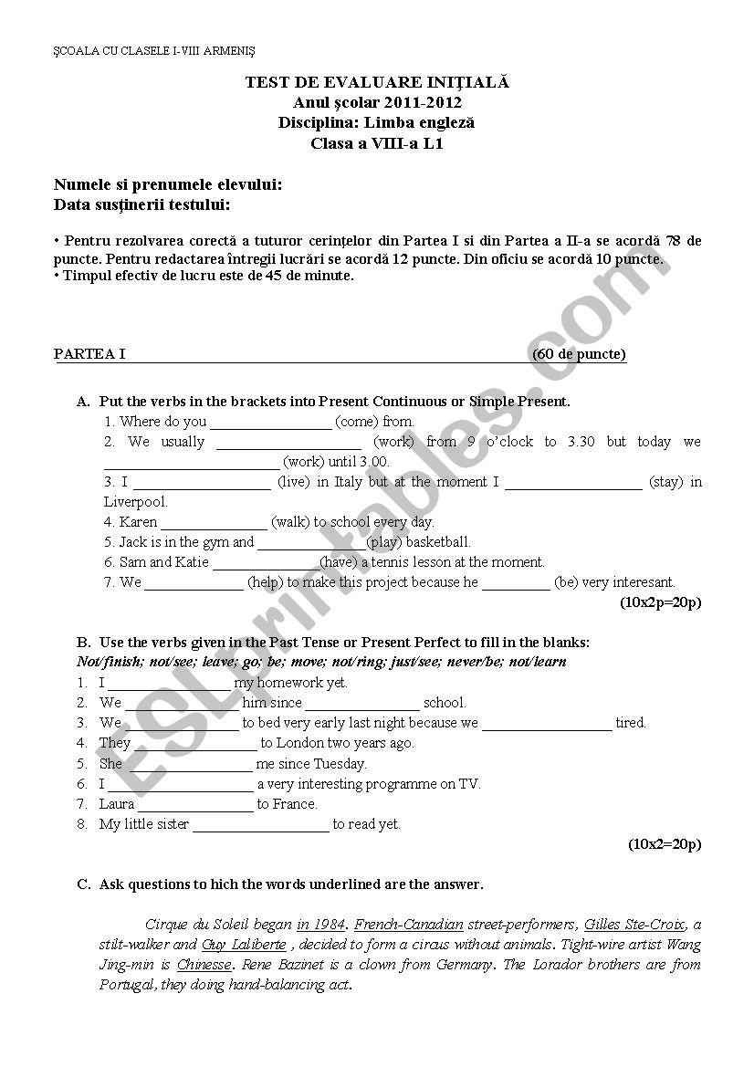 initial test worksheet