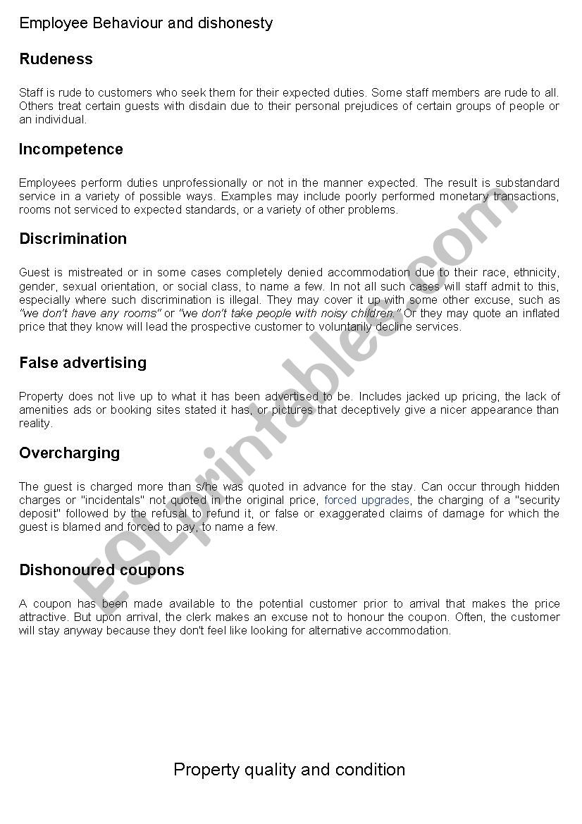 List of common hotel problems worksheet