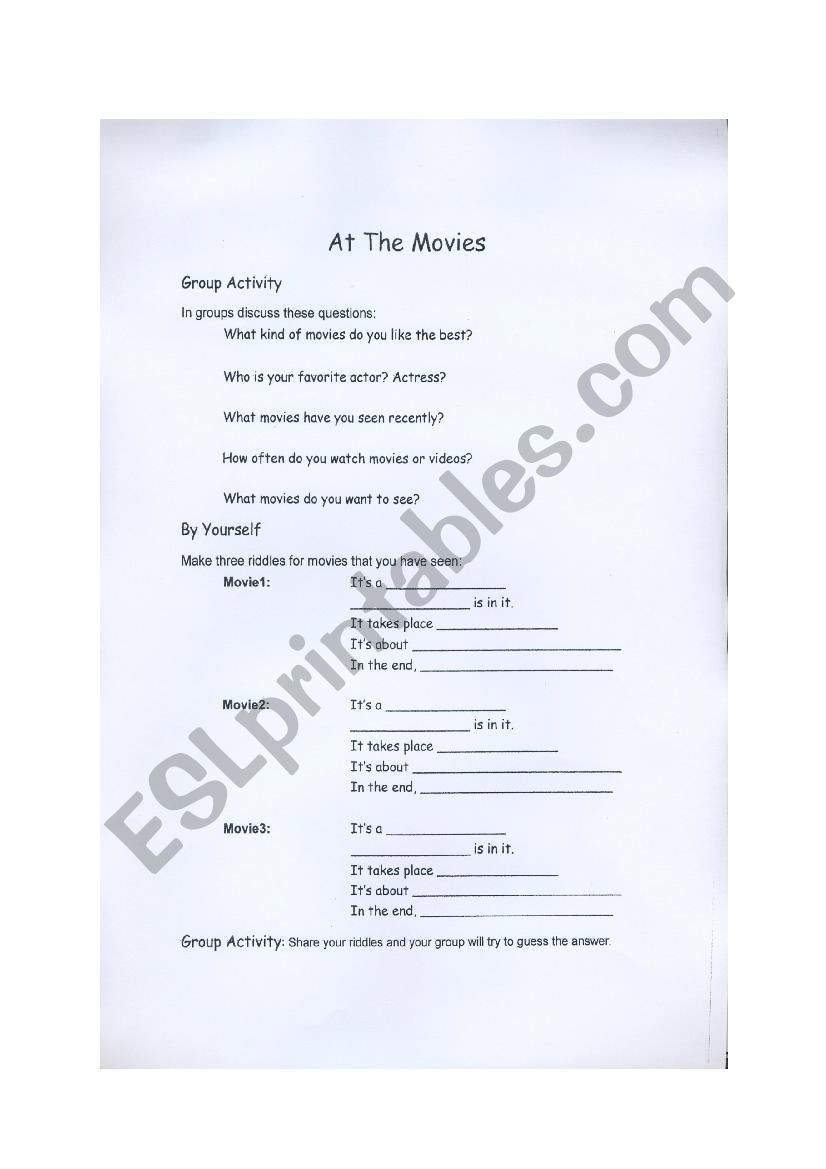 At the movies worksheet