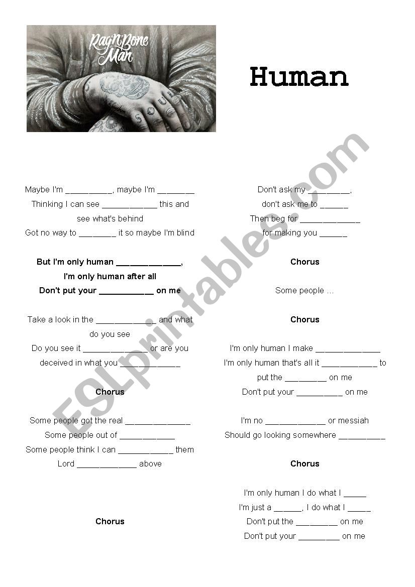 Song ´Human´ by Rag´n´Bone Man - ESL worksheet by zooflo