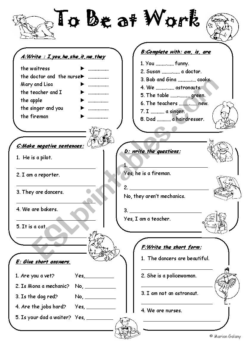 all forms of to be in present simple and professions vocabulary