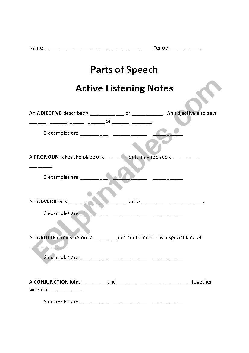 Parts of speech active listening notes