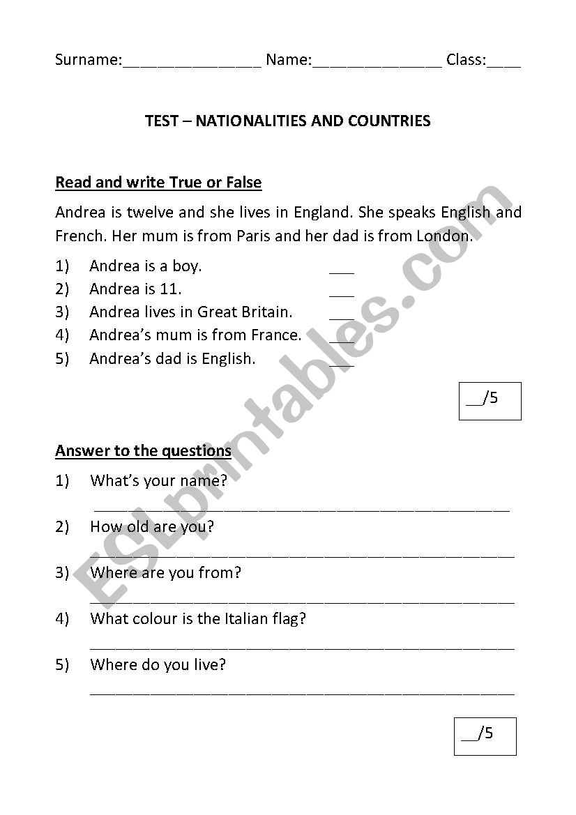 Nationalities and countries worksheet
