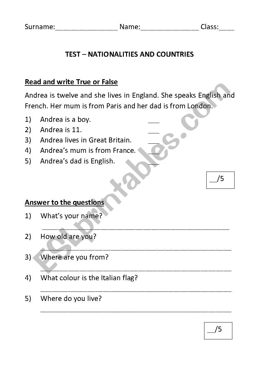 Nationalities and countries worksheet