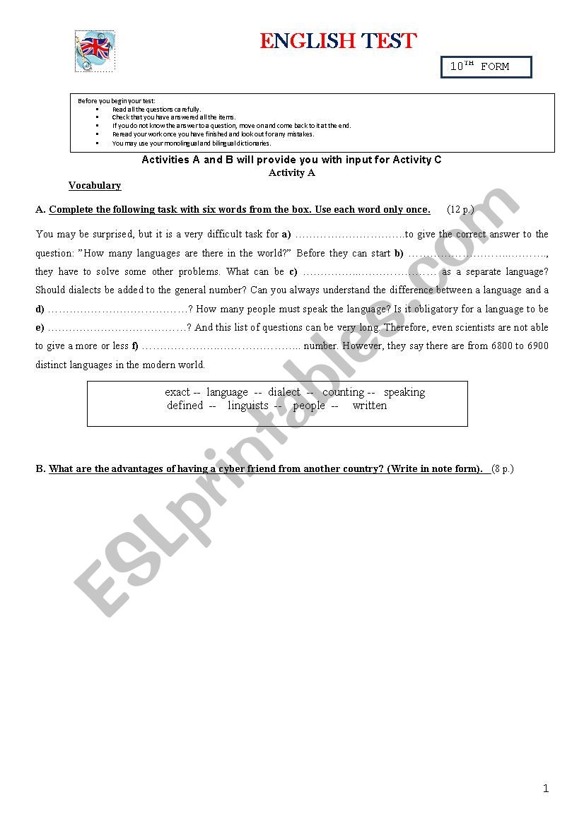 English test 10th form A world of many languages