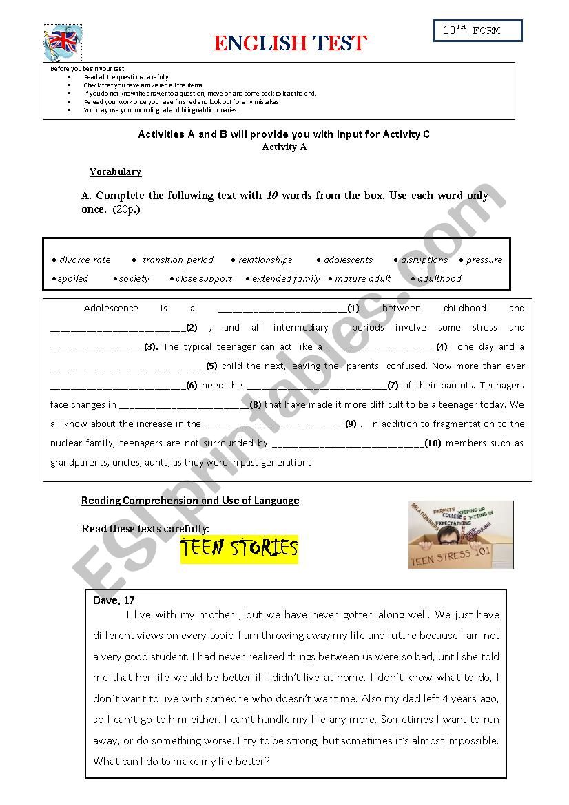 English test 10th form - The world of teenagers