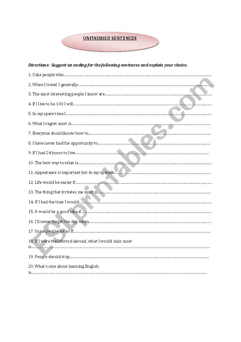 Unfinished Sentences worksheet