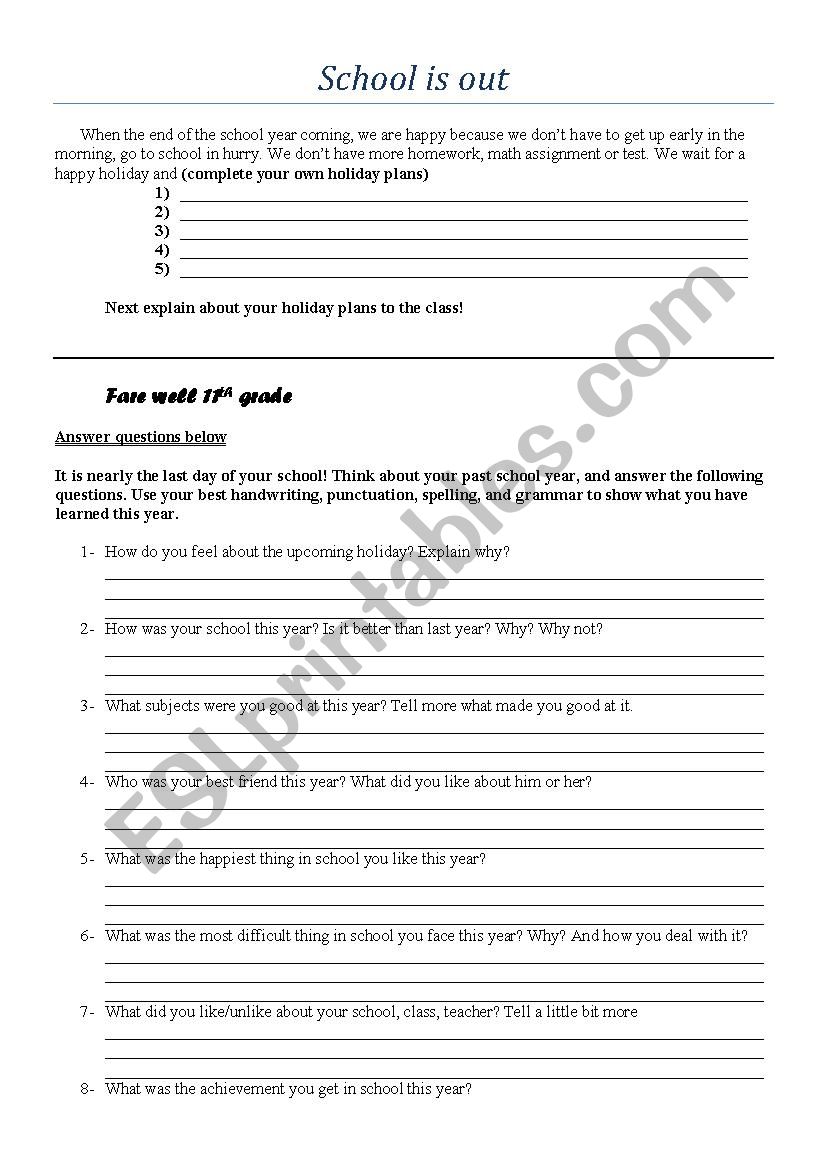 end of the year worksheet