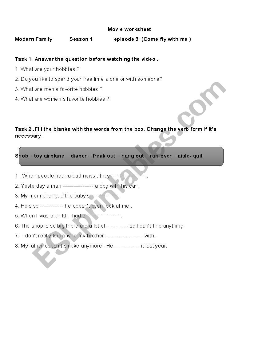 Movie worksheet ( Modern Family, season 1, episode 3)