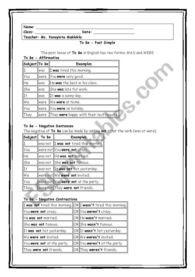 The verb to be in Past Simple worksheet