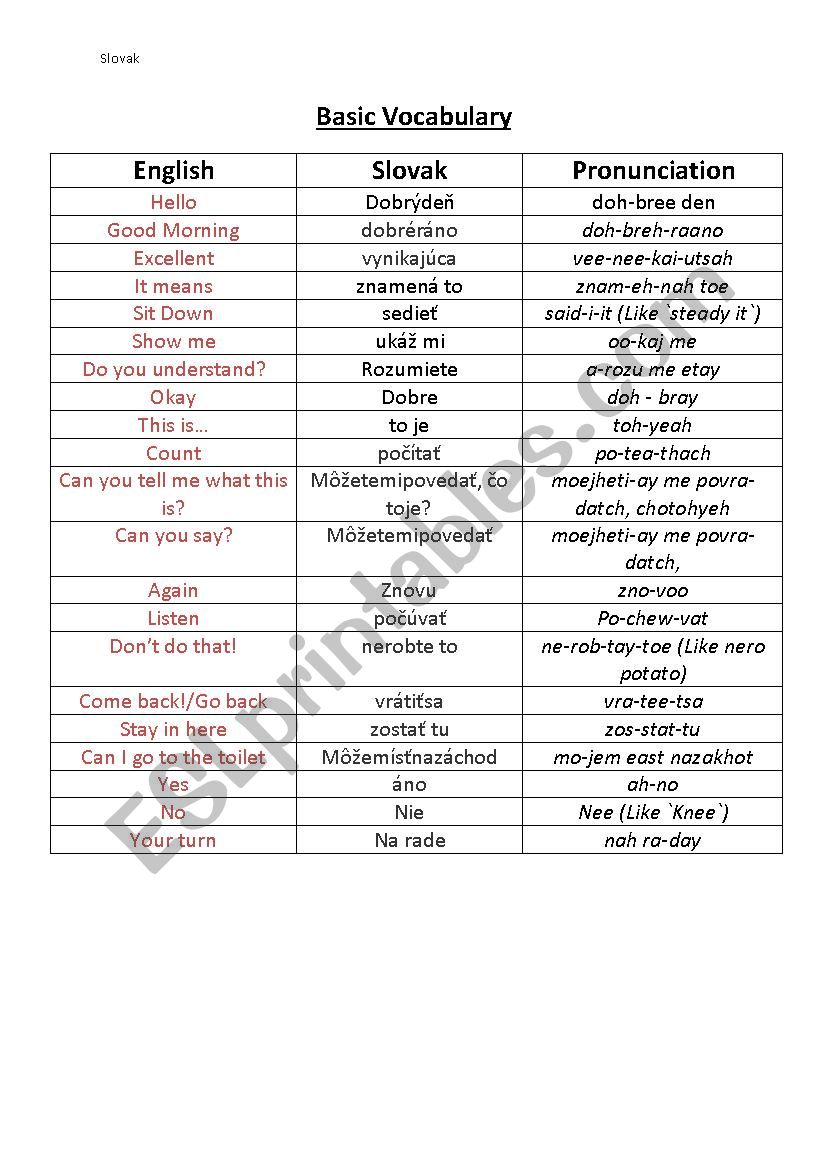 Basic slovak worksheet