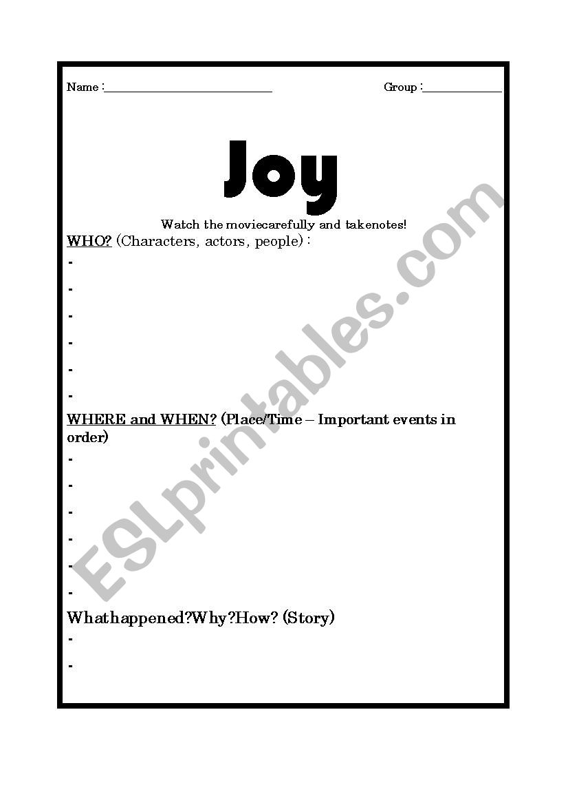 Joy - Movie - Writing Task worksheet