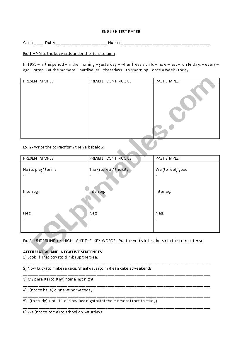 TEST PAPER: PRESENT SIMPLE PRESENT CONTINUOUS PAST SIMPLE